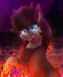 Size: 2333x2872 | Tagged: safe, artist:thatonefluffs, derpibooru import, oc, oc:misanthropic misery, pony, chin fluff, clothes, ear piercing, earring, fire, jewelry, looking at you, nose piercing, overalls, piercing, ponysona, shading, sharp teeth, solo, teeth, watermark