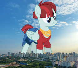 Size: 1920x1658 | Tagged: safe, artist:dragonchaser123, artist:jaredking779, derpibooru import, edit, valley glamour, pegasus, pony, bracelet, clothes, denim, denim shorts, female, giant pony, giantess, highrise ponies, irl, jewelry, macro, mare, midriff, necklace, photo, ponies in real life, shirt, shorts, singapore, skirt