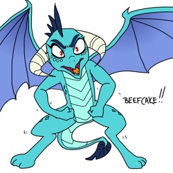 Size: 1200x1200 | Tagged: safe, artist:pony quarantine, derpibooru import, princess ember, dragon, beefcake, dragoness, female, looking at you, pose, simple background, solo, spread wings, white background, wings, yelling