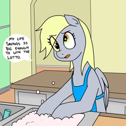 Size: 1200x1200 | Tagged: safe, artist:pony quarantine, derpibooru import, derpy hooves, pegasus, pony, apron, bipedal, clothes, derpy being derpy, dialogue, dishwashing, eye clipping through hair, female, mare, silly, sink, solo, speech bubble