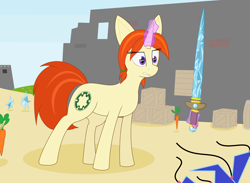 Size: 6440x4712 | Tagged: safe, artist:modera, derpibooru import, oc, oc:sprocket, pony, unicorn, angry, carrot, food, horse game, magic, sword, telekinesis, weapon