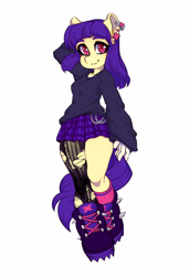 Size: 2250x3294 | Tagged: safe, artist:tolsticot, derpibooru import, oc, oc only, anthro, earth pony, boots, clothes, ear piercing, earring, jewelry, looking at you, piercing, plaid skirt, ripped stockings, shoes, skirt, smiling, solo, stockings, sweater, thigh highs, torn clothes