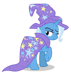 Size: 5352x5634 | Tagged: safe, alternate version, artist:gypsykumquat, derpibooru import, trixie, pony, unicorn, no second prances, .svg available, cape, clothes, female, hat, inkscape, looking at you, looking back, looking back at you, one eye closed, raised hoof, raised leg, rear view, simple background, smiling, smiling at you, solo, transparent background, trixie's cape, trixie's hat, vector, wink, winking at you