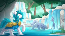 Size: 3840x2160 | Tagged: safe, artist:strafe blitz, derpibooru import, oc, oc only, pony, unicorn, armor, drinking, forest, solo, statue, tree, water, waterfall, waterfall shower