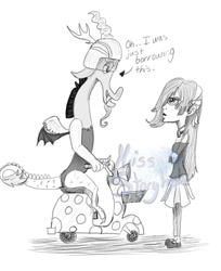 Size: 530x648 | Tagged: safe, artist:missstoryholic, derpibooru import, discord, draconequus, human, twilight's kingdom, blythe baxter, crossover, dialogue, duo, duo male and female, female, helmet, littlest pet shop, looking at each other, looking at someone, male, monochrome, scooter, simple background, unamused, white background
