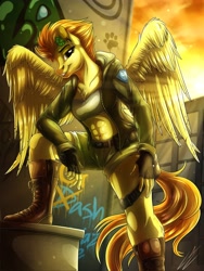 Size: 3000x4000 | Tagged: safe, artist:lupiarts, derpibooru import, spitfire, anthro, pegasus, plantigrade anthro, abs, belly button, boots, clothes, fingerless gloves, fitfire, flower, flower in hair, gloves, graffiti, grin, looking at you, midriff, shoes, shorts, smiling, solo, sun, wall