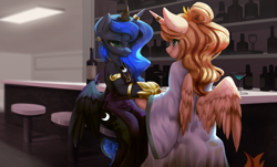 Size: 3378x2043 | Tagged: safe, artist:theprince, derpibooru import, princess luna, oc, alicorn, semi-anthro, alcohol, alicorn oc, bar, barstool, clothes, dress, ear piercing, earring, female, holding hooves, horn, horn ring, jewelry, lidded eyes, looking at each other, mare, piercing, ring, side slit, sitting, smiling, spread wings, stool, total sideslit, wings