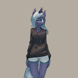 Size: 2172x2172 | Tagged: safe, artist:haku nichiya, derpibooru import, princess luna, alicorn, anthro, blushing, clothes, gray background, hoodie, horn, shorts, simple background, solo, thigh gap