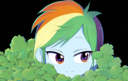 Size: 704x448 | Tagged: safe, derpibooru import, machine learning generated, rainbow dash, human, equestria girls, anime, black background, bush, female, hiding, pinegraph, simple background, solo