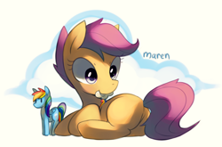 Size: 1330x880 | Tagged: safe, alternate version, artist:maren, derpibooru import, rainbow dash, scootaloo, pony, blank flank, butt, cutie mark, female, filly, foal, lying down, mouth hold, plot, prone, rainbow dash's cutie mark, scootabutt, simple background, solo, sticker, toy, wingless