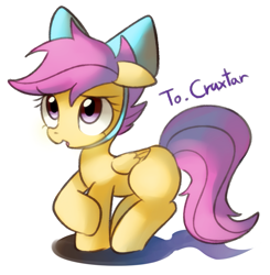 Size: 891x909 | Tagged: safe, artist:maren, derpibooru import, scootaloo, pegasus, pony, blank flank, bow, crossed hooves, cute, cutealoo, ears, female, filly, floppy ears, foal, folded wings, hair bow, open mouth, simple background, solo, standing, white background, wings