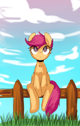 Size: 1182x1845 | Tagged: safe, artist:maren, derpibooru import, scootaloo, pegasus, pony, cloud, eye clipping through hair, female, fence, filly, foal, folded wings, frown, grass, looking up, sitting, sketch, sky, solo, wings