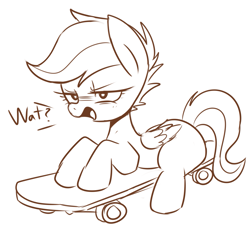 Size: 1729x1624 | Tagged: safe, artist:maren, derpibooru import, scootaloo, pegasus, pony, annoyed, blank flank, dialogue, doodle, female, filly, foal, folded wings, looking at you, lying down, monochrome, open mouth, prone, simple background, skateboard, solo, unamused, white background, wings