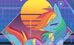 Size: 2424x1495 | Tagged: safe, artist:musicfirewind, derpibooru import, rainbow dash, pegasus, pony, eyes closed, smiling, solo, synthwave, wip