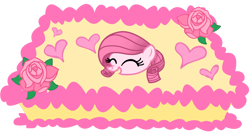 Size: 3444x1812 | Tagged: safe, artist:tanahgrogot, derpibooru import, oc, oc only, oc:annisa trihapsari, earth pony, pony, party of one, ^^, birthday cake, cake, cute, earth pony oc, eyes closed, female, flower, food, heart, ibispaint x, mare, ocbetes, open mouth, open smile, pink body, pink mane, pretty, rose, simple background, smiling, solo, transparent background