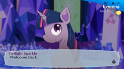 Size: 4124x2329 | Tagged: safe, artist:dariosparks, derpibooru import, twilight sparkle, twilight sparkle (alicorn), alicorn, pony, female, high res, looking at you, mare, persona, persona 3, shin megami tensei, smiling, solo, text, twilight's castle