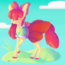 Size: 1000x1000 | Tagged: safe, artist:jinkling, derpibooru import, apple bloom, earth pony, pony, apple bloom's bow, bow, clothes, cloud, dress, female, filly, foal, grass, hair bow, hoof polish, one eye closed, raised hoof, raised leg, sky, smiling, solo, wink