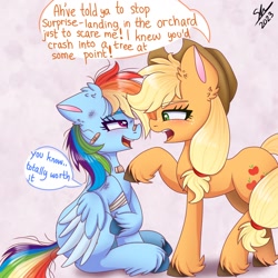 Size: 1280x1280 | Tagged: safe, artist:galaxy swirl, derpibooru import, applejack, rainbow dash, earth pony, pegasus, pony, appledash, applejack's hat, bandage, bandaid, blushing, bruised, clothes, cowboy hat, dialogue, duo, duo female, ears, female, floppy ears, freckles, hat, lesbian, looking at each other, looking at someone, mare, messy mane, shipping, speech bubble, unshorn fetlocks