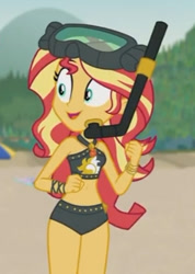 Size: 355x498 | Tagged: safe, derpibooru import, screencap, sunset shimmer, human, better together, equestria girls, unsolved selfie mysteries, beach, beach shorts swimsuit, beautiful, belly button, bikini, bikini babe, clothes, cropped, female, snorkel, sunset shimmer swimsuit, sunset shimmer's beach shorts swimsuit, swimsuit