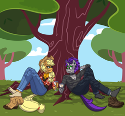 Size: 2230x2077 | Tagged: safe, artist:shallowwin, derpibooru import, applejack, oc, oc:freako, anthro, earth pony, unicorn, background, boots, canon, canon x oc, clothes, commission, cowboy hat, drink, farm, hat, resting, shoes, tree, working