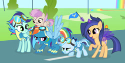 Size: 1024x521 | Tagged: safe, artist:velveagicsentryyt, derpibooru import, rainbow dash, oc, oc:fries, oc:prisdale, oc:rainbow blitzes, oc:velvet sentry, pony, baby, baby pony, base used, clothes, magic, offspring, parent:flash sentry, parent:rainbow dash, parent:rumble, parent:scootaloo, parent:soarin', parent:twilight sparkle, parents:flashlight, parents:rumbloo, parents:soarindash, uniform, wonderbolts uniform