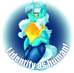Size: 8601x8513 | Tagged: safe, artist:dankpegasista, derpibooru import, lyra heartstrings, anthro, pony, unicorn, background pony, blue background, caption, clothes, denim, digital art, ear fluff, ears, eyelashes, female, highlights, image macro, jeans, lineart, long hair, looking at you, mare, orange eyes, pants, png, s.m.i.l.e., shirt, simple background, solo, solo female, sticker, text, transparent background