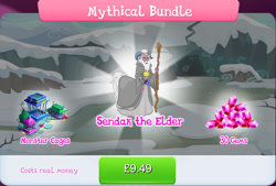 Size: 1273x860 | Tagged: safe, derpibooru import, sendak the elder, centaur, taur, beard, bundle, bush, cage, clothes, costs real money, english, facial hair, gameloft, gem, horns, male, medallion, mobile game, my little pony: magic princess, numbers, official, pouch, robes, sale, solo, solo focus, staff, text