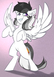 Size: 2152x3032 | Tagged: safe, artist:witchtaunter, derpibooru import, oc, oc:campfire glow, pegasus, pony, bipedal, chest fluff, commission, ear fluff, ears, flapping wings, gradient background, male, on hind legs, solo, spread wings, stallion, wings