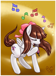 Size: 1128x1530 | Tagged: safe, artist:pigixd, derpibooru import, oc, oc only, pegasus, pony, bow, eyes closed, hair bow, hoof hold, music notes, pegasus oc, signature, solo, wings