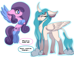 Size: 1047x810 | Tagged: safe, artist:brybrychan, derpibooru import, oc, oc only, oc:misty, alicorn, pony, alicorn oc, chest fluff, coat markings, cross-popping veins, crossed arms, dialogue, duo, emanata, flying, horn, simple background, smiling, socks (coat marking), transparent background, wings