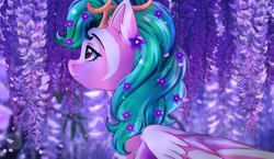 Size: 2500x1450 | Tagged: safe, artist:stormcloud, derpibooru import, oc, oc only, oc:youmiko, pegasus, pony, antlers, bust, commission, ear fluff, ears, female, flower, flower in hair, green mane, lilac, looking at something, mare, partially open wings, pegasus oc, red eyes, solo, wings