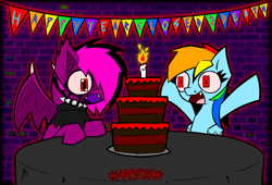 Size: 1262x856 | Tagged: safe, artist:xxv4mp_g4z3rxx, derpibooru import, rainbow dash, oc, oc:violet valium, bat pony, pegasus, pony, bat pony oc, birthday, birthday cake, cake, candle, duo, food, open mouth, table, tablecloth