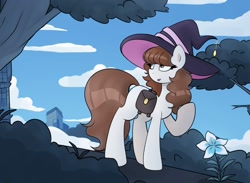 Size: 960x701 | Tagged: safe, artist:nathegar, derpibooru import, oc, oc only, earth pony, pony, bag, brown mane, brown tail, bush, cloud, commission, earth pony oc, female, flower, hat, mare, outdoors, saddle bag, solo, tail, white coat, witch hat