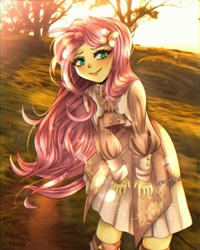 Size: 691x865 | Tagged: safe, artist:granatty, derpibooru import, fluttershy, equestria girls, clothes, dress, female, looking at you, outdoors, smiling, solo