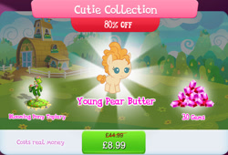 Size: 1268x861 | Tagged: safe, derpibooru import, pear butter, earth pony, pony, bundle, bush, costs real money, english, female, filly, flower, foal, gameloft, gem, mare, mobile game, my little pony: magic princess, numbers, official, sale, solo, solo focus, text, young