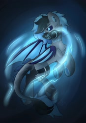 Size: 1400x2000 | Tagged: safe, artist:nathegar, derpibooru import, oc, oc:tonic, dracony, dragon, hybrid, pony, accessories, aura, black sclera, blue eyes, glowing, glowing eyes, mask, respirator, solo, tail, two toned mane, two toned tail, wings