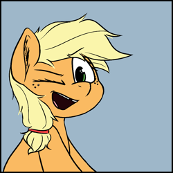 Size: 875x875 | Tagged: safe, artist:pinkberry, derpibooru import, applejack, colored sketch, cute, doodle, female, filly, filly applejack, foal, jackabetes, looking at you, one eye closed, sketch, smiling, tooth gap, wink, winking at you, younger