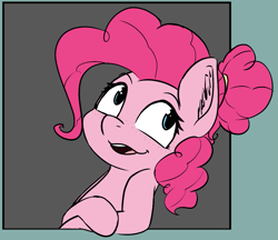 Size: 1065x920 | Tagged: safe, artist:pinkberry, derpibooru import, pinkie pie, alternate hairstyle, colored sketch, doodle, hair bun, leaning, looking back, sketch, smiling, smirk