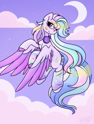 Size: 1554x2048 | Tagged: safe, artist:nathegar, derpibooru import, oc, oc only, pegasus, pony, bandaid, bandaid on nose, clothes, cloud, flying, headphones, multicolored mane, multicolored tail, night, pegasus oc, socks, solo, tail