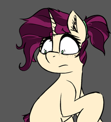 Size: 714x782 | Tagged: safe, artist:pinkberry, derpibooru import, oc, oc:mulberry merlot, pony, unicorn, bipedal, female, gray background, grossed out, mare, simple background, solo, startled, worried