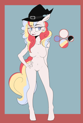 Size: 2360x3500 | Tagged: safe, artist:arume_lux, derpibooru import, oc, oc:flash dazzle, anthro, unguligrade anthro, barbie doll anatomy, breasts, featureless breasts, featureless crotch, female, hat, reference sheet, solo