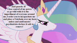 Size: 1280x720 | Tagged: safe, derpibooru import, edit, edited screencap, screencap, princess celestia, alicorn, pony, the cutie re-mark, alternate timeline, crystal war timeline, implied daybreaker, implied guards, jewelry, offscreen character, peytral, solo, speech, speech bubble, talking, tiara