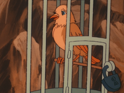 Size: 960x720 | Tagged: safe, derpibooru import, screencap, kyrie, bird, canary, g1, my little pony 'n friends, somnambula (episode), birdcage, cage, female, solo