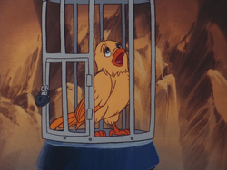 Size: 960x720 | Tagged: safe, derpibooru import, screencap, kyrie, bird, canary, g1, my little pony 'n friends, somnambula (episode), birdcage, cage, female, solo