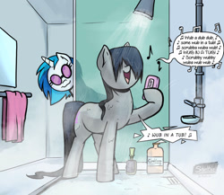 Size: 1657x1440 | Tagged: safe, artist:shieltar, derpibooru import, dj pon-3, octavia melody, vinyl scratch, earth pony, pony, unicorn, bathroom, dialogue, duo, female, hair over eyes, mare, music notes, open mouth, open smile, shower, showering, singing, smiling, soap, solo focus, speech bubble, sunglasses, towel, wet, wet mane, wub