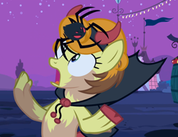 Size: 1400x1080 | Tagged: safe, artist:anonymous, derpibooru import, edit, edited screencap, screencap, carrot top, golden harvest, spider, clothes, costume, human to pony, night, nightmare night, species swap, transformation