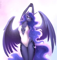 Size: 1928x2000 | Tagged: safe, alternate version, artist:sparkling_light, derpibooru import, princess luna, alicorn, anthro, absolute cleavage, breasts, cleavage, clothes, curvy, female, hourglass figure, looking at you, mare, one-piece swimsuit, simple background, smiling, smiling at you, solo, spread wings, stretching, stupid sexy princess luna, swimsuit, white swimsuit, winged anthro, wings
