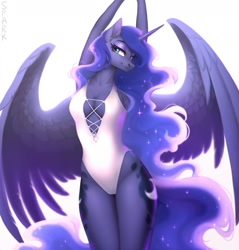 Size: 1637x1713 | Tagged: safe, alternate version, artist:sparkling_light, derpibooru import, princess luna, alicorn, anthro, absolute cleavage, breasts, cleavage, clothes, curvy, female, hourglass figure, looking at you, mare, one-piece swimsuit, simple background, smiling, smiling at you, solo, spread wings, stretching, stupid sexy princess luna, swimsuit, white swimsuit, winged anthro, wings