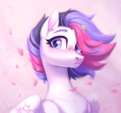 Size: 2145x2000 | Tagged: safe, artist:sparkling_light, derpibooru import, oc, oc only, pegasus, pony, blushing, female, hairclip, mare, petals, solo