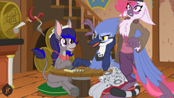 Size: 1920x1080 | Tagged: safe, artist:facelessjr, derpibooru import, oc, oc only, oc:gaela, oc:rib, oc:turnip, anthro, bird, donkey, griffon, parrot, banner, barrel, barrels, beak, bowtie, chest fluff, claws, clothes, coat, cushion, drill, female, females only, hat, hooves, hug, nervous, nervous sweat, notepad, ornithian, painted nails, paws, pointing, raised tail, sitting, staircase, table, tail, talons, tavern, winghug, wings, wooden floor